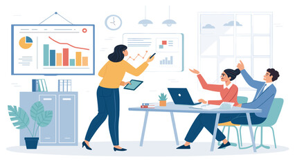 Business team collaborates in a modern office, analyzing data and discussing strategy for growth. Ideal for corporate productivity and teamwork concepts.