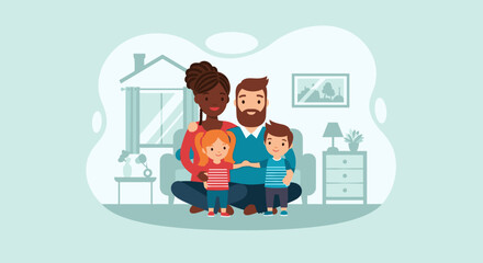 Happy diverse family with two children embracing at home. Represents joy, togetherness, security, and a loving lifestyle.