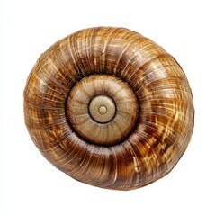 Close-up of a spiral snail shell, rich brown and beige tones, intricate spiral patterns, isolated on white background