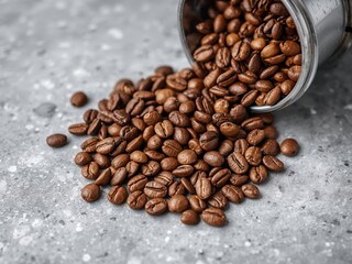 Fototapeta premium Roasted Coffee Beans Spilling from a Small Metal Bucket on a Gray Surface.