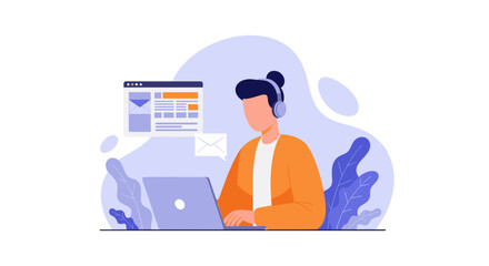 Professional person focused on a laptop with headphones, engaged in online communication and customer support. Ideal for business, remote work, or virtual assistance concepts.