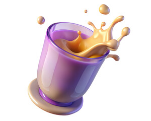 Modern purple glass with splashing caramel creamy liquid delight and smooth flow 3d illustration isolated on transparent background