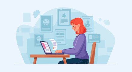 Smiling woman efficiently manages documents and data on her laptop, depicting modern remote work, digital organization, and productivity in a business or home office setting.