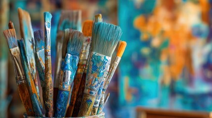 The collection of colorful paintbrushes in an artist's vibrant studio setting.