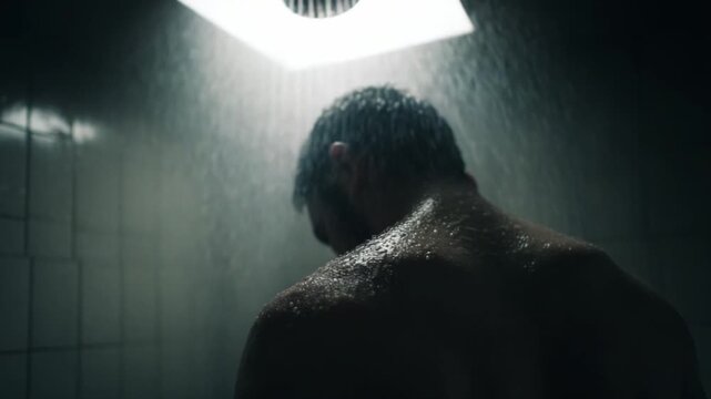 Solitary Shower: A man stands beneath the cascading water, the light illuminating his silhouette and creating a sense of introspection and solitude. 