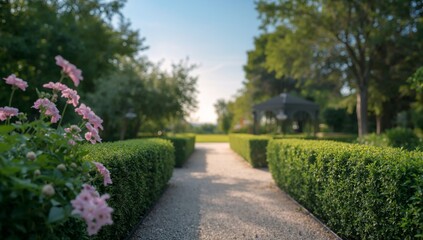 Fototapeta premium Serene Garden Pathway with Flowers and Trimmed Hedges, Relaxing Summer Scene.