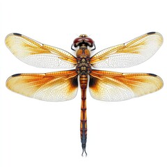 Detailed illustration of a dragonfly, orange and white wings, segmented body