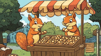 Squirrels sell nuts at outdoor market stall