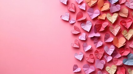 Obraz premium Colorful Paper Hearts Arranged On Pink Background