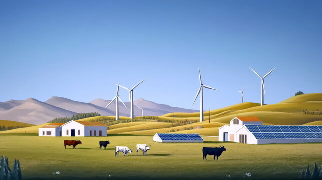 A photorealistic illustration of wind turbines in the foreground, with small houses and cows on vast yellow grasslands in the Loess Plateau region. 