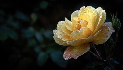 A single, luminous yellow rose, glistening with dew drops, in a dark garden setting