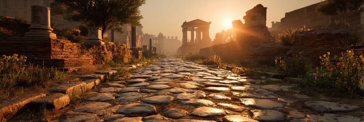 Ancient Roman street at sunrise.  Sunrise over a cobblestone road, leading through ancient ruins.  Stone structures, columns, and greenery surround a well-worn pathway. Golden light bathes the scene