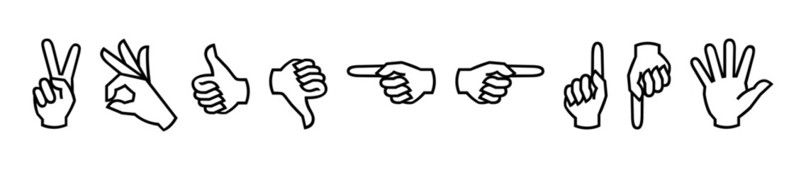 Hand gestures icons in outline style on white background  