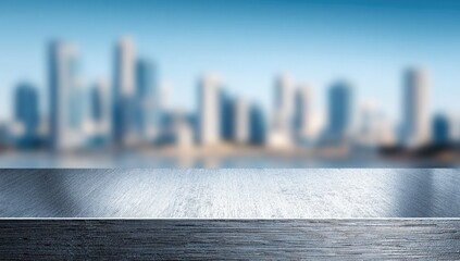 Empty metal surface, blurred cityscape backdrop
