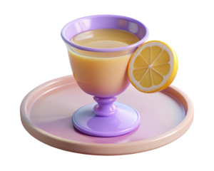 Refreshing lemonade in pastel glass with lemon slice on matching tray 3d illustration isolated on transparent background