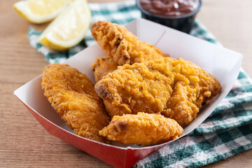 Crispy fried chicken tenders on wooden table