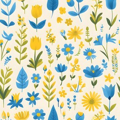 Fototapeta premium Seamless pattern with stylized blue and yellow flowers, green leaves and a small bird. Spring flora design for textile.