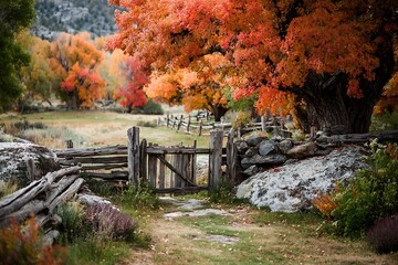 Aged Timber Barrier With Radiant Autumn Leaves
