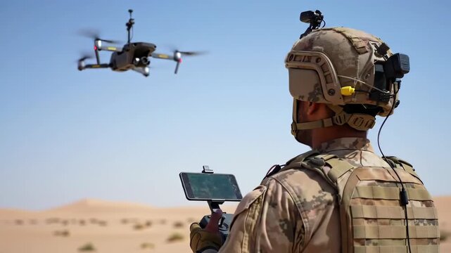 male soldier launches reconnaissance drone equipped with camera in desert landscape. modern war technology, exploration, and military innovation. army equipment