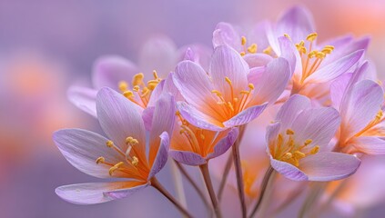 Fototapeta premium Delicate cluster of pale pink and orange flowers, soft focus