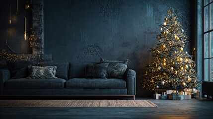 Cozy Christmas Eve with a glowing tree and presents in a luxurious blue living room with dark moody