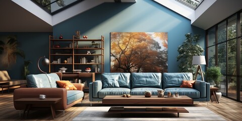 Bright modern living room with blue sofas, wooden furniture, large wall art, and floor-to-ceiling windows letting in natural light.