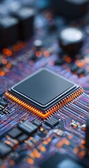 Close-up of a central processing unit (CPU) on a circuit board, highlighted by warm orange light.  Complex electronic components and circuitry are visible in the background.  