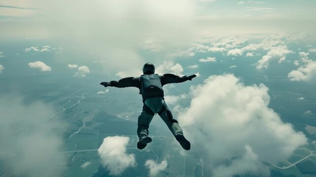 A person soaring through the air with a parachute, likely during a skydiving or paragliding adventure