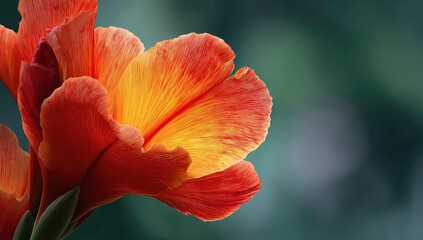 Obraz premium Close-up of a vibrant orange-red flower, petals with a gradient of orange and red, soft focus background