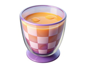 Stylish glass of peach juice with ice cubes and checkered design 3d illustration isolated on transparent background