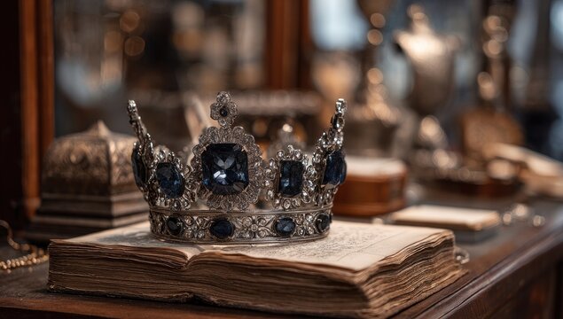 A crown of blue gemstones sits atop a weathered antique book, resting on a dark wooden surface, with other antique items in soft focus in the background