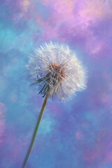 Fluffy dandelion seed head against a vibrant sunset sky