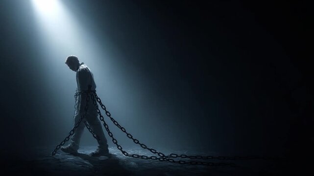 Chains and Shadows: A solitary figure, ensnared in heavy chains, moves slowly through the oppressive darkness, illuminated by a single ray of light, representing burden and confinement. 