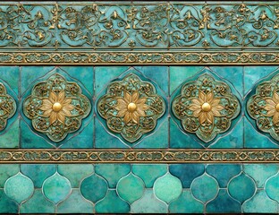 Ornate turquoise tile border with gold accents.  Intricate floral and script motifs