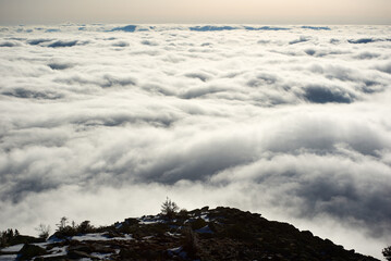 Snow-covered mountain slope with scattered rocks and trees. Landscape bathed in soft sunlight, while dense layer of clouds stretches out below, creating dramatic and ethereal scene.