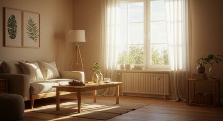 Fototapeta premium Sunlit living room interior design with natural light and cozy decor, inviting and serene ambiance.