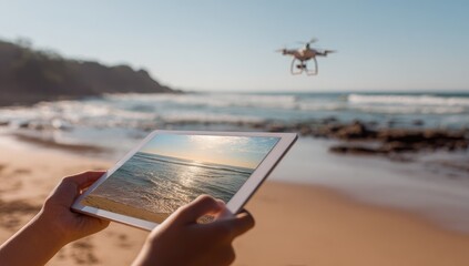 Person views drone photo on tablet at beach