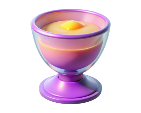 Stylized cartoon pudding cup with topping in glass bowl smooth shading and purple base design 3d illustration isolated on transparent background