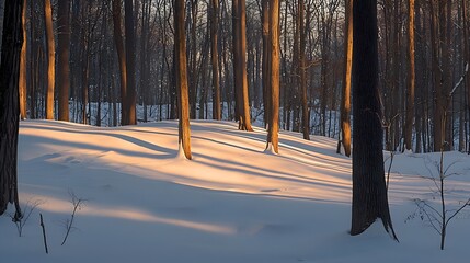 Golden winter sunrise shining through bare deciduous trees in a snow covered forest casting long blue shadows across the pristine white snow tranquil scene