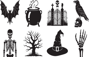 Silhouetted Halloween Iconography A Spooky Collection of Bats, Skeletons, Cauldrons, Crows and More Gothic Halloween Elements