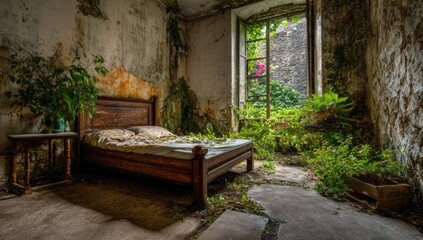 A sun-drenched, overgrown, abandoned bedroom