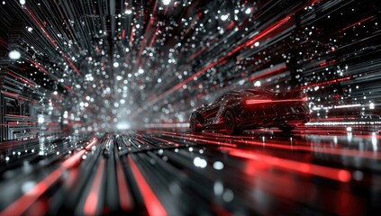 Futuristic, abstract car speeds through a data tunnel.  Red and black lines and particles