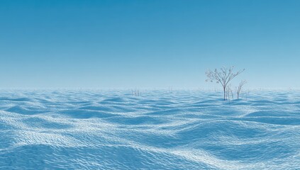 A vast, icy plain stretches to a clear, pale blue sky. A solitary, leafless tree stands sentinel amidst the undulating, frozen waves