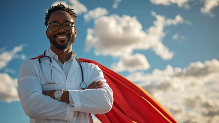 Smiling african american man in doctor uniform and red cape. Superhero medical professional with stethoscope. Healthcare hero concept footage.