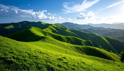 Naklejka premium Lush Green Rolling Hills Under Blue Sky with Scenic Mountain Landscape, and Natures Beauty.