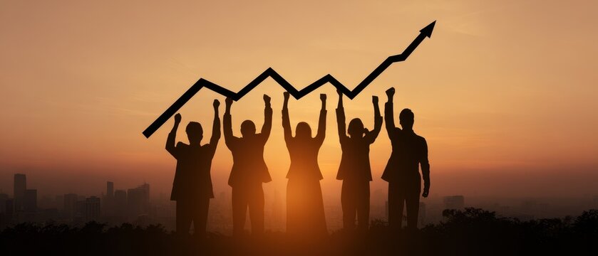 The group of professionals celebrating success against a backdrop of sunset.