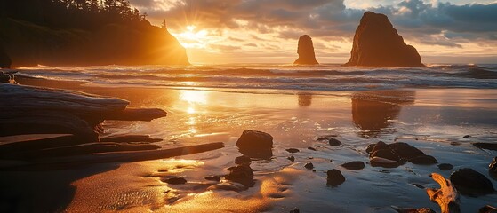 Fiery sunset illuminating jagged coastal formations with receding tide and reflective pools