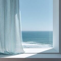 Light teal patterned curtains blowing gently, revealing a vast ocean view