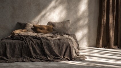 Muted tones bedroom, linen bedding, sunlit room