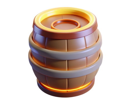 Stylized wooden barrel with glowing highlights rounded design and clean texture 3d illustration isolated on transparent background